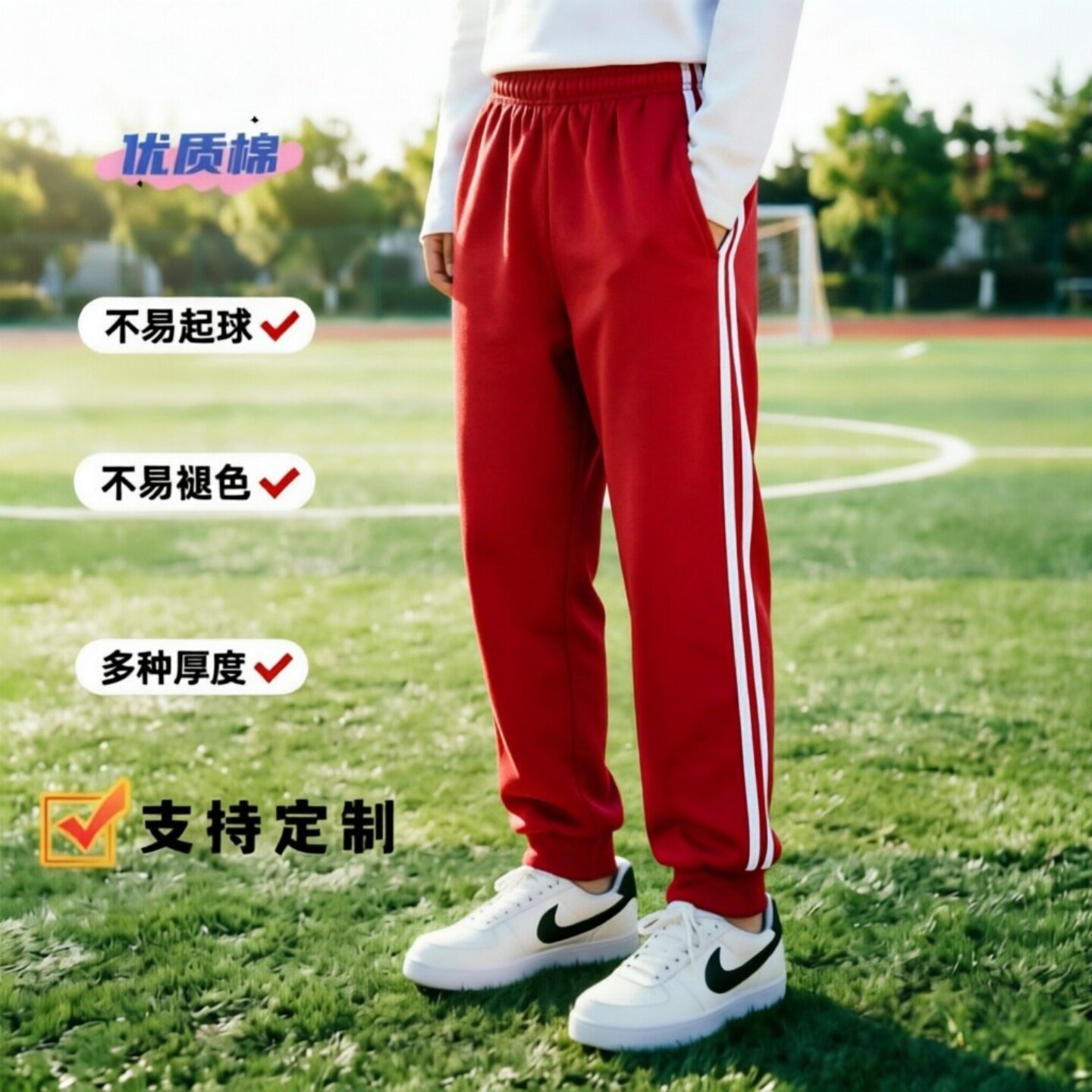 定制春秋季红色校服二道白边收脚