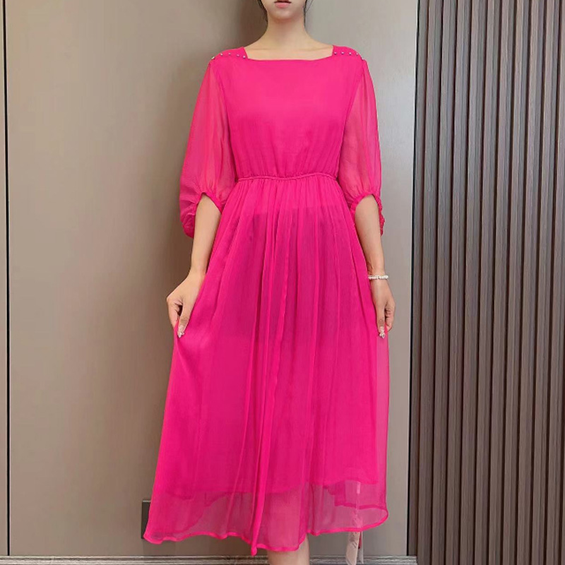 高端时尚玫红桑蚕丝连衣裙