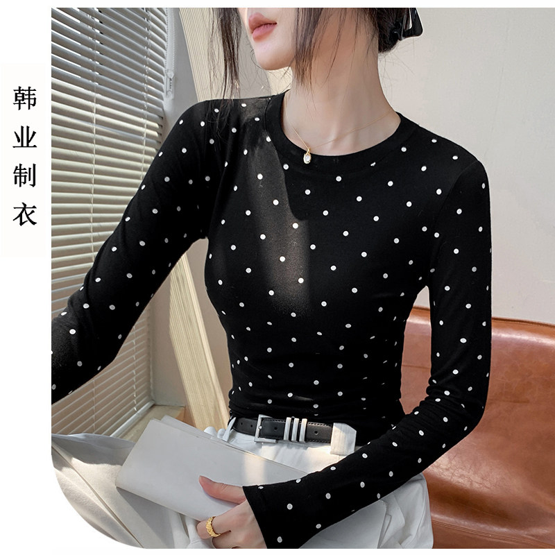 波点圆领长袖女甜辣打底衫上衣
