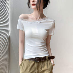 t恤 白色蕾丝花边斜肩上衣女夏季 新款 露锁骨设计感修身 辣妹短袖