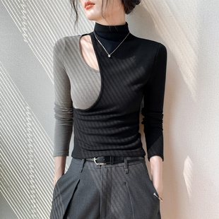 显瘦设计感打底衫 修身 上衣 t恤女2025早秋新款 半高领拼接德绒长袖