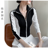 黑白拼色拉链立领长袖 体恤士小香风韩版 修身 开衫 打底衫 外套