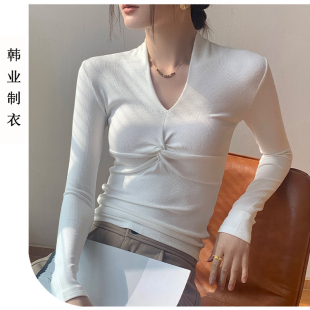 韩系V领长袖女2024早春新款流行上衣别致性感法式甜辣打内搭底衫