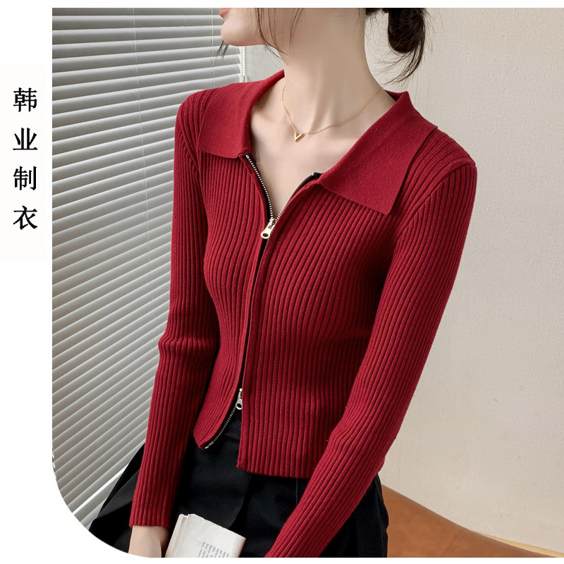 翻领针织纯色女修身拉链外套