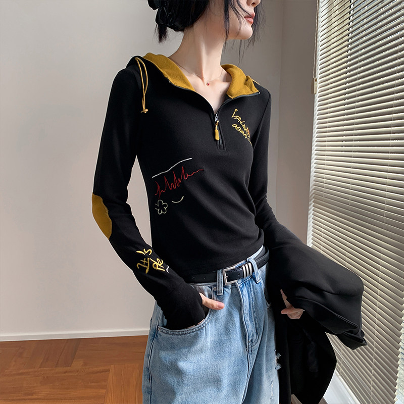 歌倍尚拉链字母印花连帽长袖T恤女2026秋季新款修身打底衫上衣