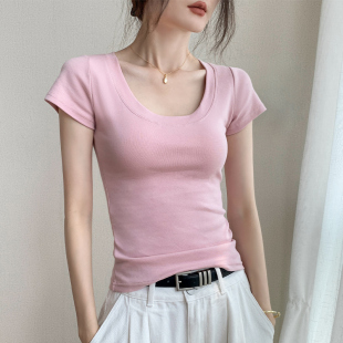 显瘦正肩辣妹收腰纯棉半袖 修身 上衣 t恤女2026早春新款 粉色u领短袖