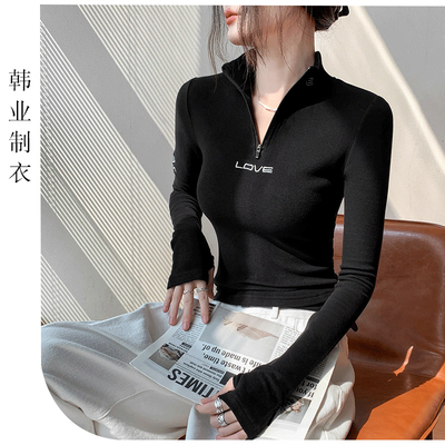 刺绣半高领拉链长袖T恤修身显瘦