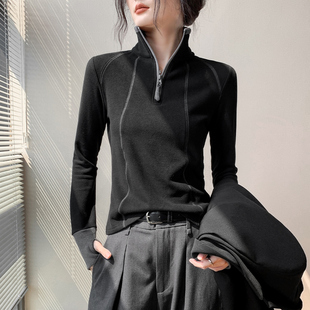 半拉链立领卫衣长袖打底衫女秋冬修身显瘦内搭撞色德绒运动风上衣