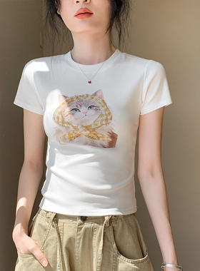 美式卡通猫咪印花短袖T恤女2026白色修身显瘦纯棉上衣夏季新款