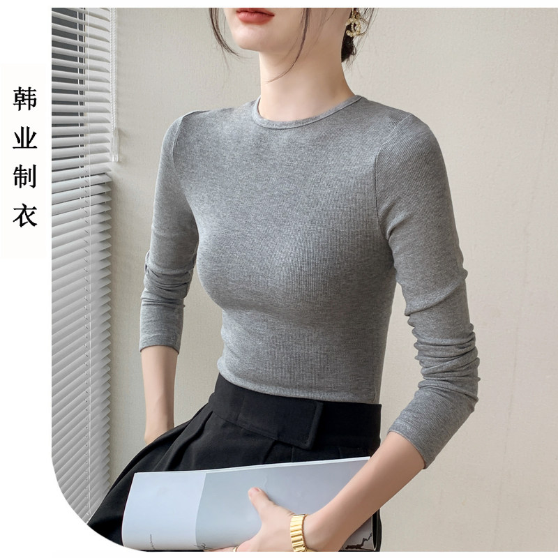 长袖简约纯棉纯色正肩显瘦t恤女