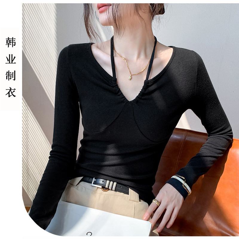 韩系v领长袖t恤女内搭高级感上衣
