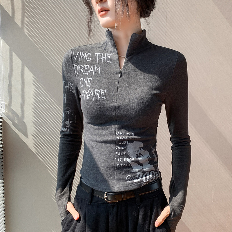 半高领长袖打底衫女秋新款修身显瘦字母印花内搭T恤拉链立领上衣,女装/女士精品,T恤,淘宝优惠券,粉丝福利购,淘宝优惠卷