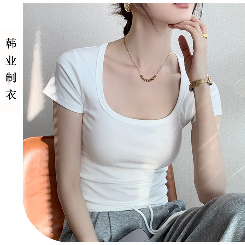 韩版纯棉短袖女正肩上衣薄款纯色