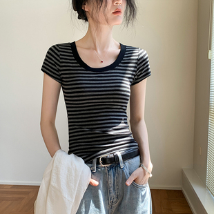韩版圆领黑白条纹短袖T恤女2026夏季新款修身显瘦大领口正肩上衣
