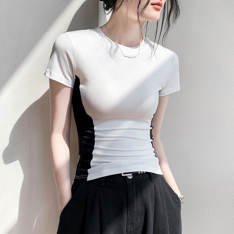 圆领黑白拼接小众设计感T恤女