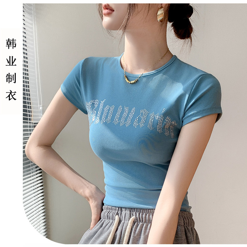 纯棉烫钻短袖女时尚印花上衣