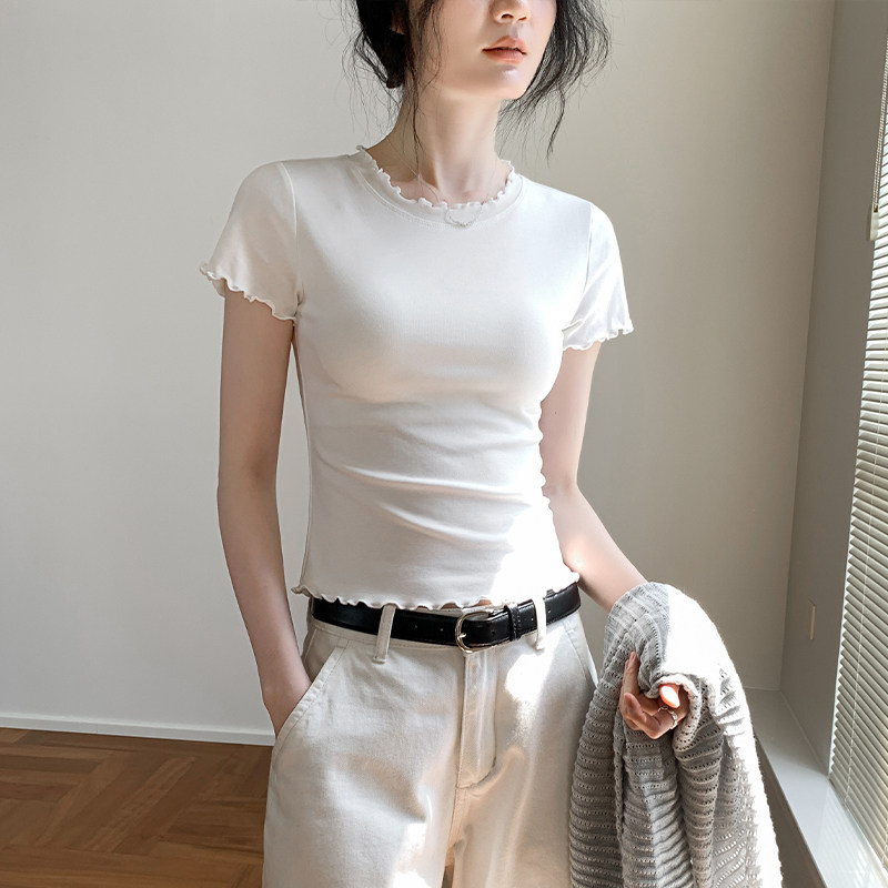 歌倍尚木耳边白色短袖T恤女2026夏新款简约修身显瘦百搭休闲上衣