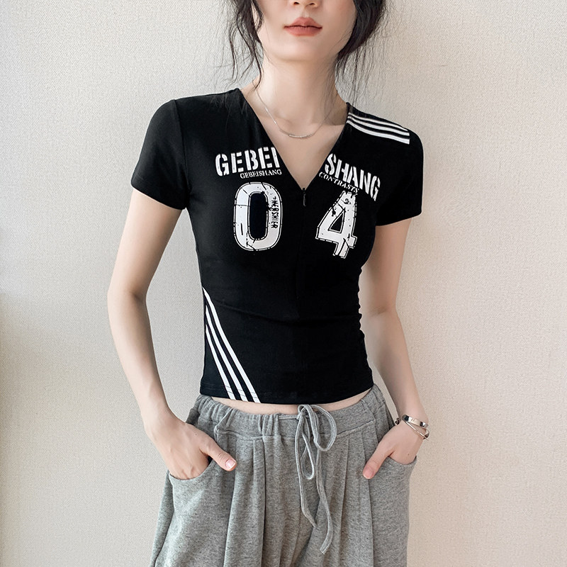 歌倍尚条纹字母短袖t恤女