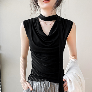 显瘦坎肩遮副乳v领褶皱内搭上衣 修身 飘带无袖 背心女2026早春新款