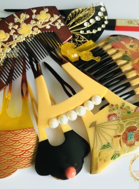 日本和服中古鳖甲手工编织发簪发饰金银手绘花卉亚克力发钗F5