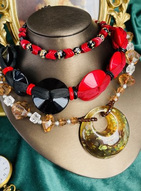 法国古董黑红设计师款夸张项链