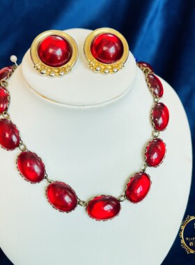 Vintage素金编织镶嵌意大利酒红色老琉璃中古复古项链耳针套装