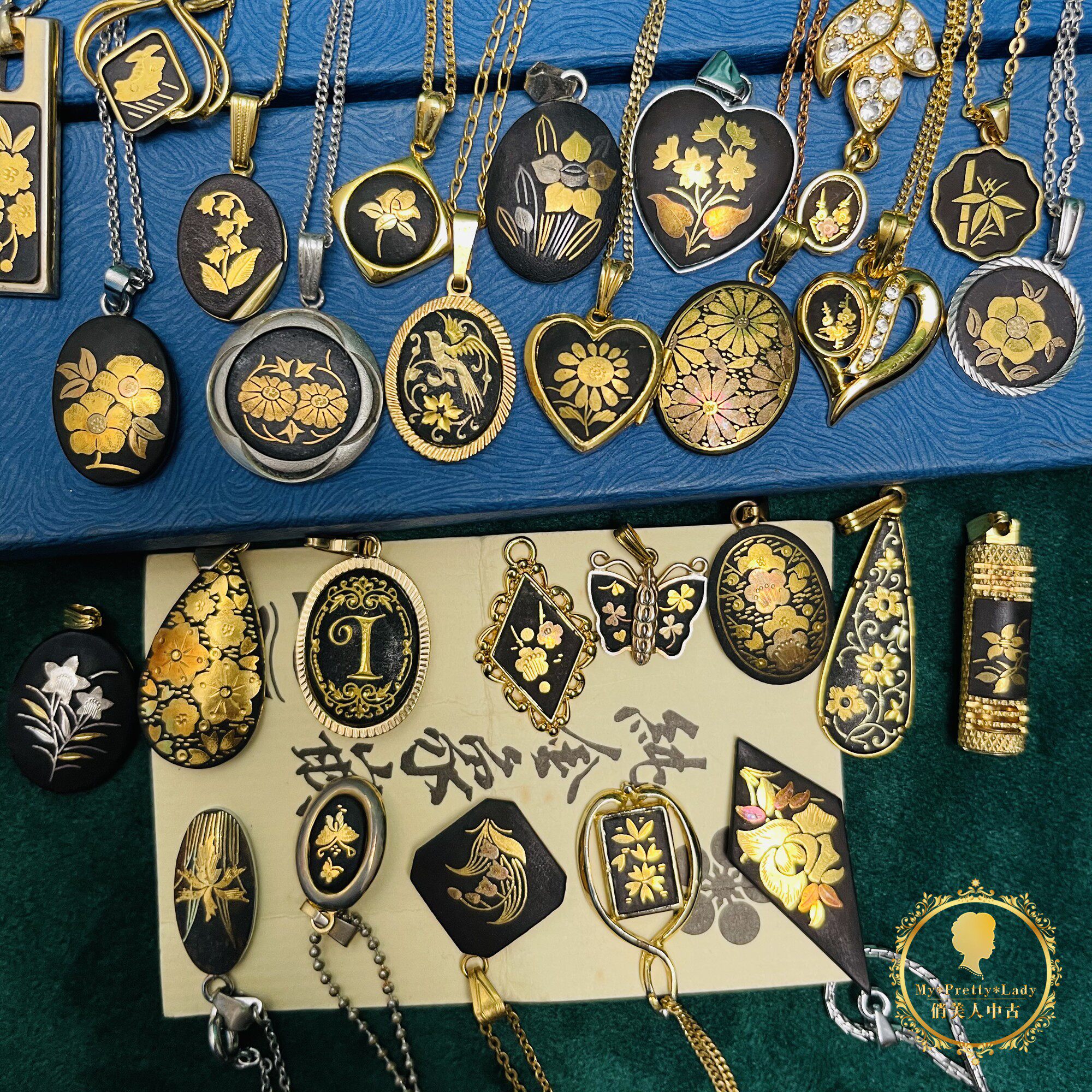 西班牙古典缎锦术日本金银镶嵌vintage花鸟中古项链吊坠g