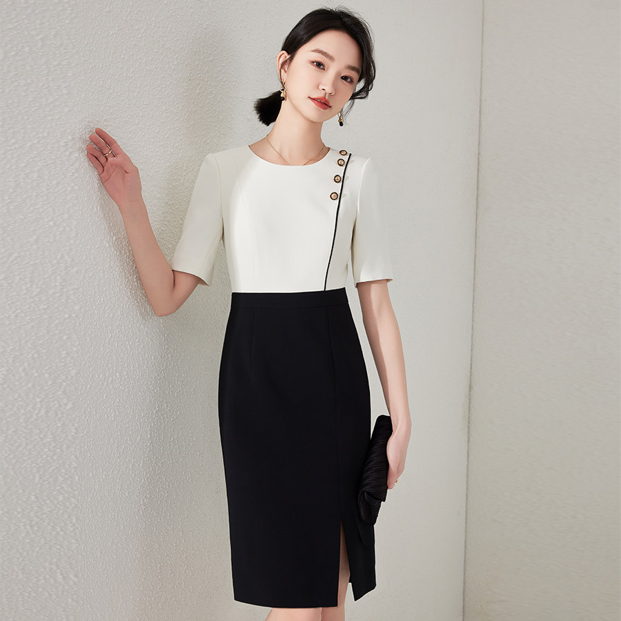 艾尚臣黑白拼接夏季短袖连衣裙女时尚气质职业裙修身显瘦性感裙子