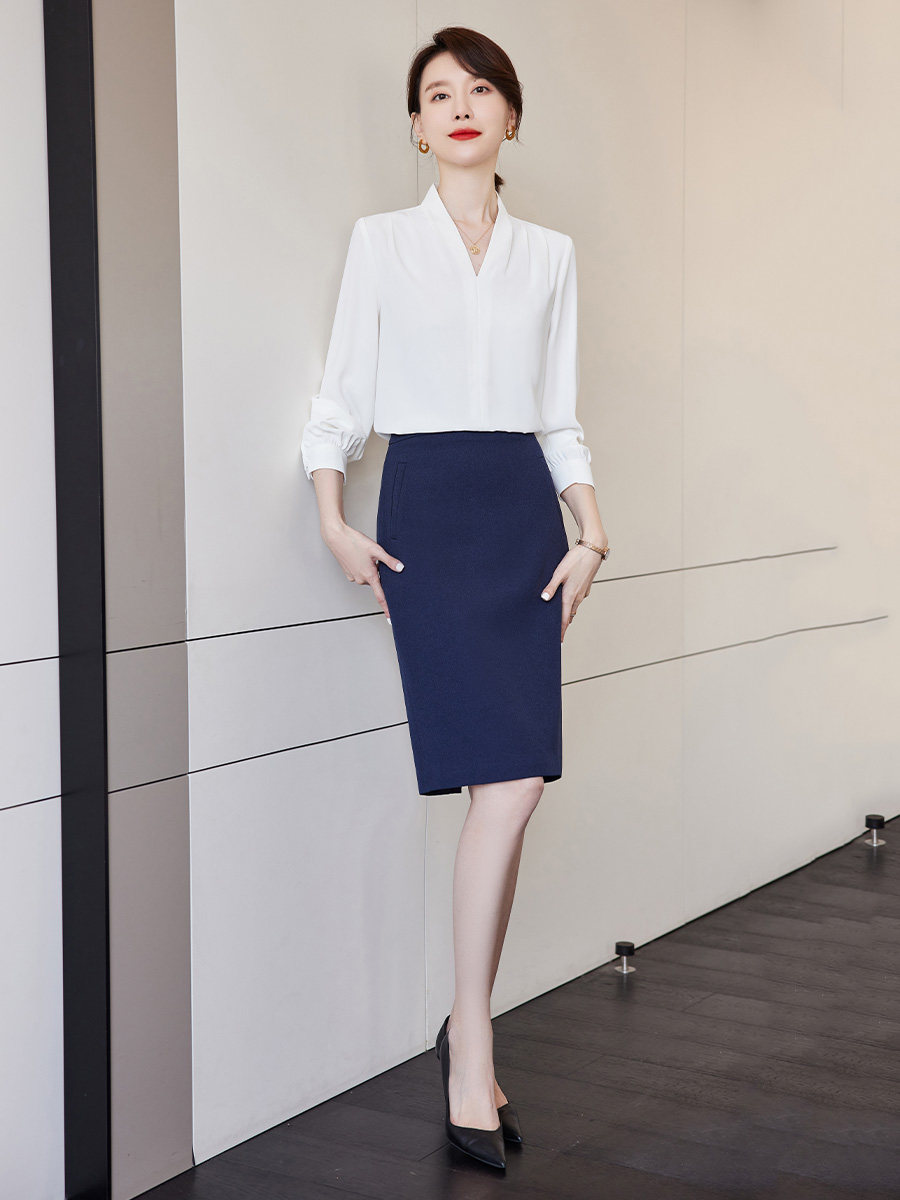诗璐雅V领白衬衫女长袖西裙套装2024秋冬时尚新款前台职业工作服