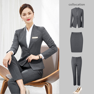 职业装女套装秋冬新款高端时尚灰色正装西装气质女酒店西服工作服