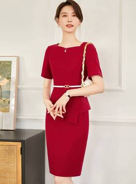 艾尚臣红色连衣裙夏季女士修身收腰显瘦裙子短袖职业装通勤包臀裙
