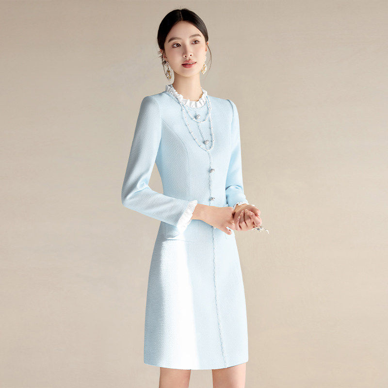 蓝色小香风连衣裙女长袖珍珠扣播音主持人正装西装裙气质职业装秋