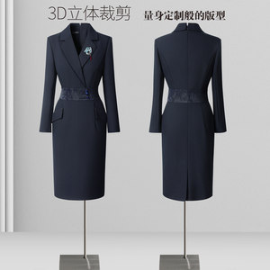 新中式职业装连衣裙女春秋气质收腰茶楼前台工装案场售楼部工作服