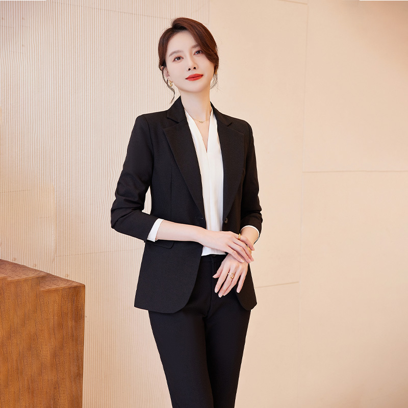 诗璐雅黑色职业西装套装女秋冬款一粒扣简约干练商务西服工作正装
