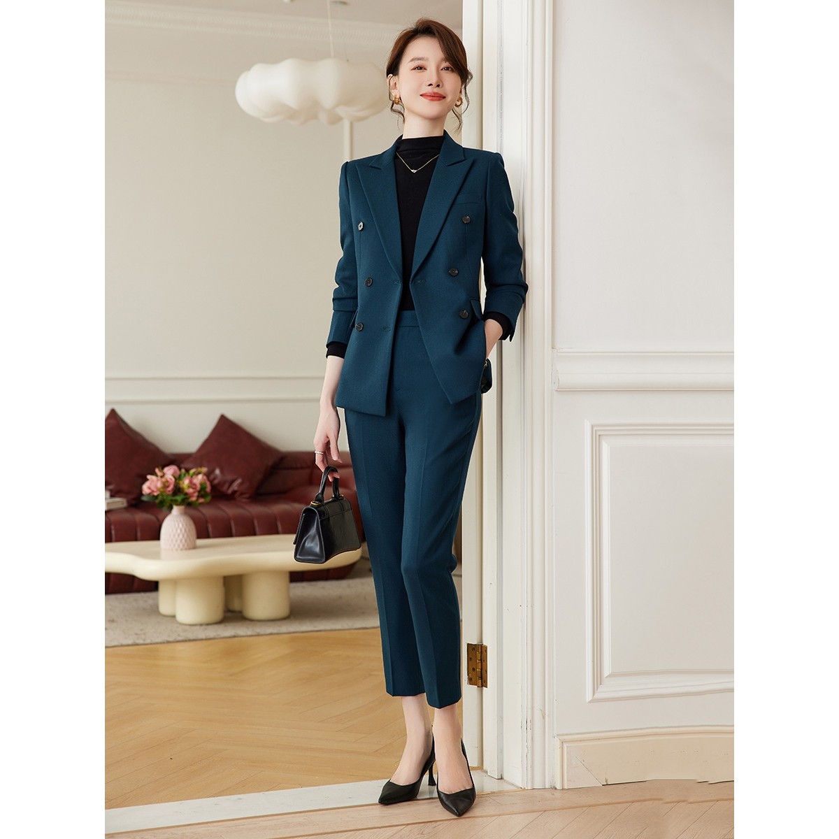 诗璐雅墨绿色西装套装女2026年双排扣羊毛西服职业装时尚商务正装