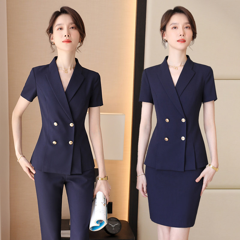 诗璐雅2026夏季新款职业西服套装女士时尚修身短袖工装薄款两件套