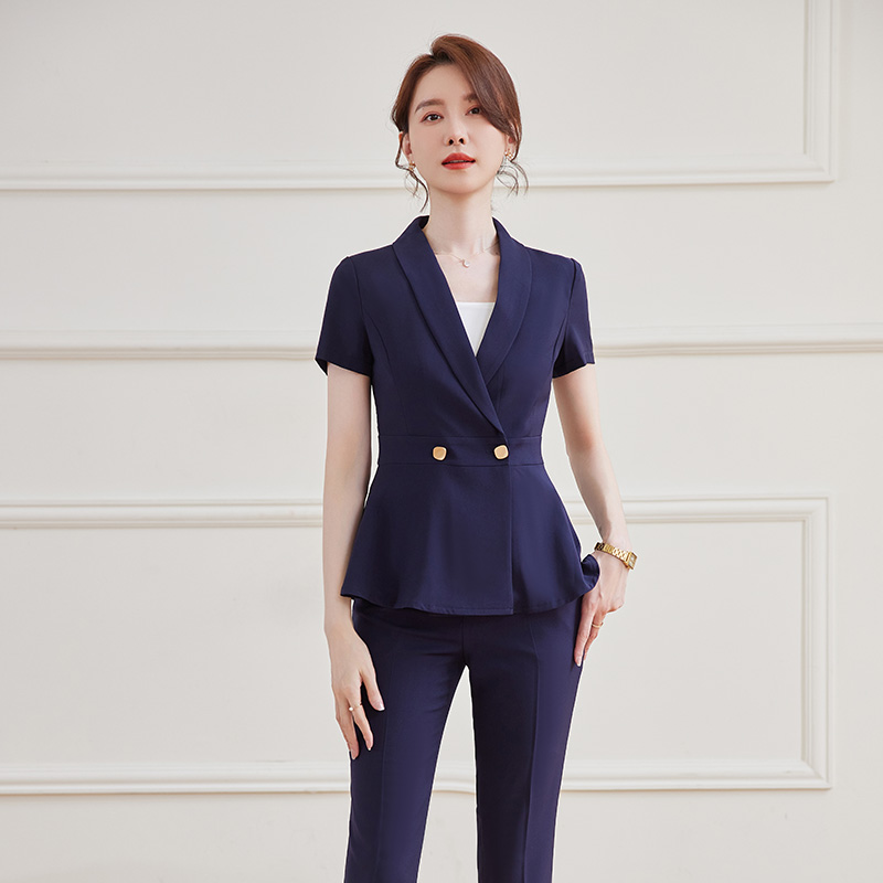诗璐雅V领西装套装2025新款时尚修身美容院酒店前台工作服女夏天