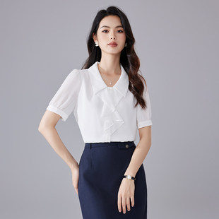 诗璐雅白色短袖衬衫女士夏季法式高级感上衣雪纺衫气质荷叶边衬衣