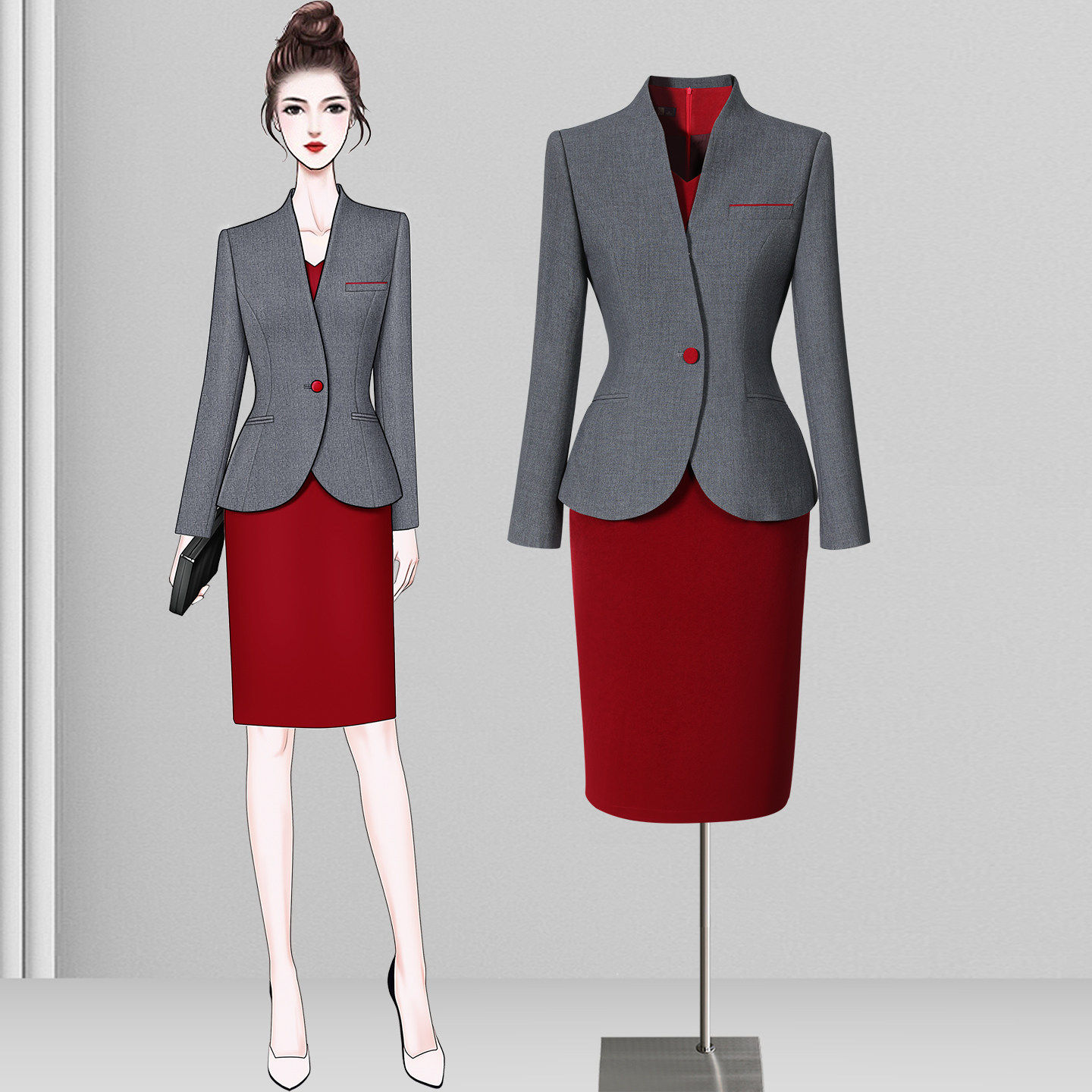 职业套装女春秋灰色西装外套酒店前台经理工作服高端连衣裙两件套