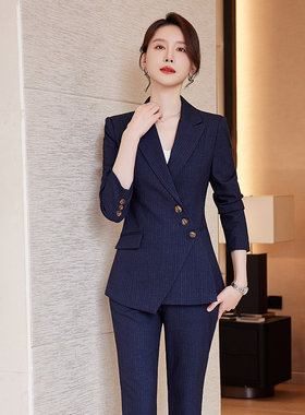 诗璐雅设计感西服套装女秋冬时尚条纹显瘦西装女正装轻职场工作服