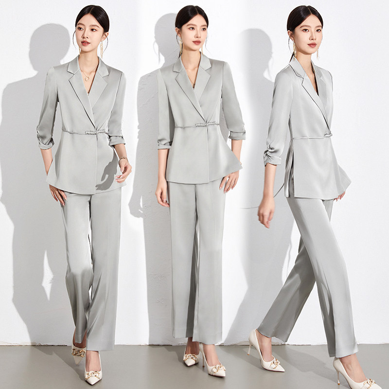 西装套装女夏季时尚女装修身新中式西服仿醋酸上衣职业套装女秋薄