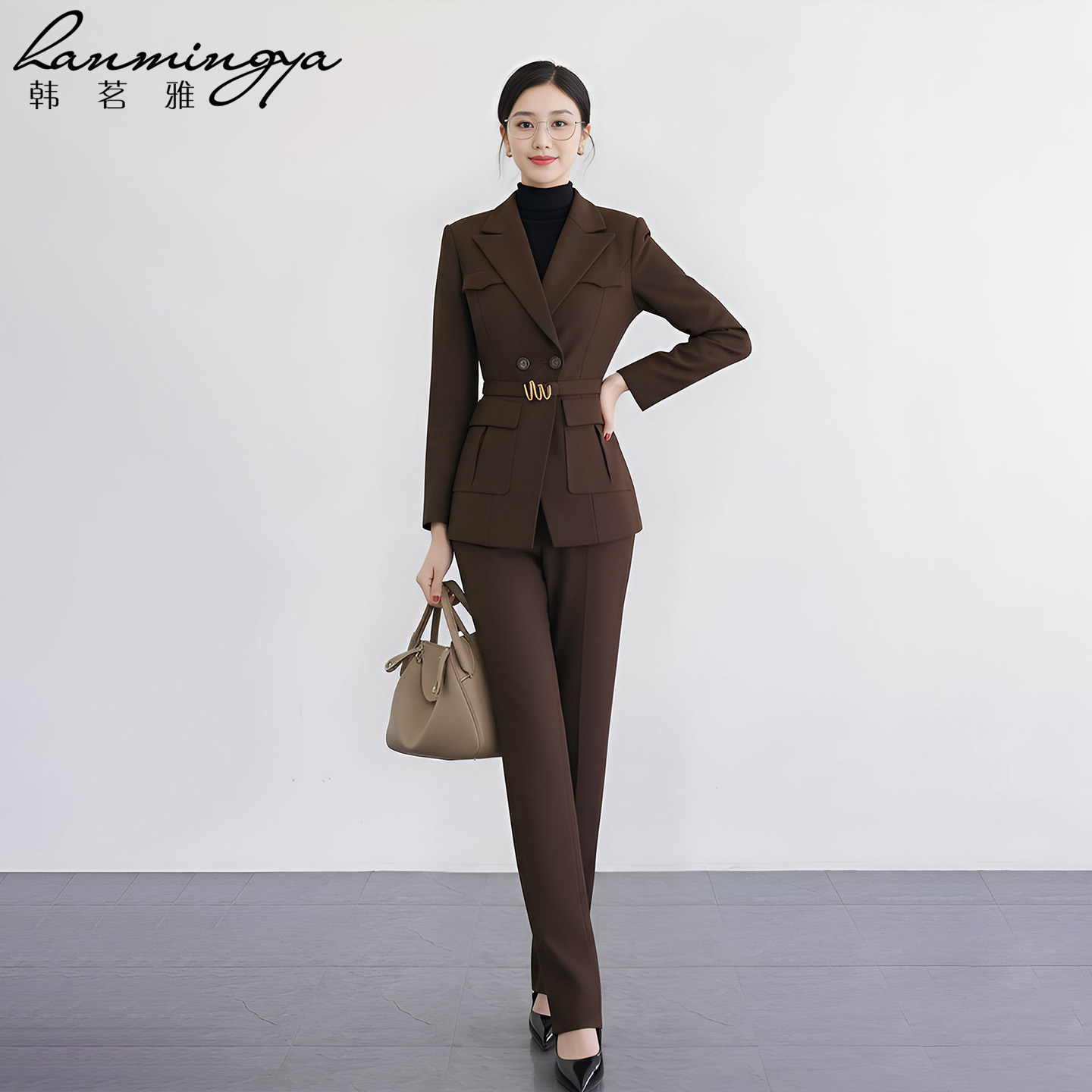韩茗雅摩卡色西装套装女2026春高端收腰显瘦西服抗皱垂感通勤工装