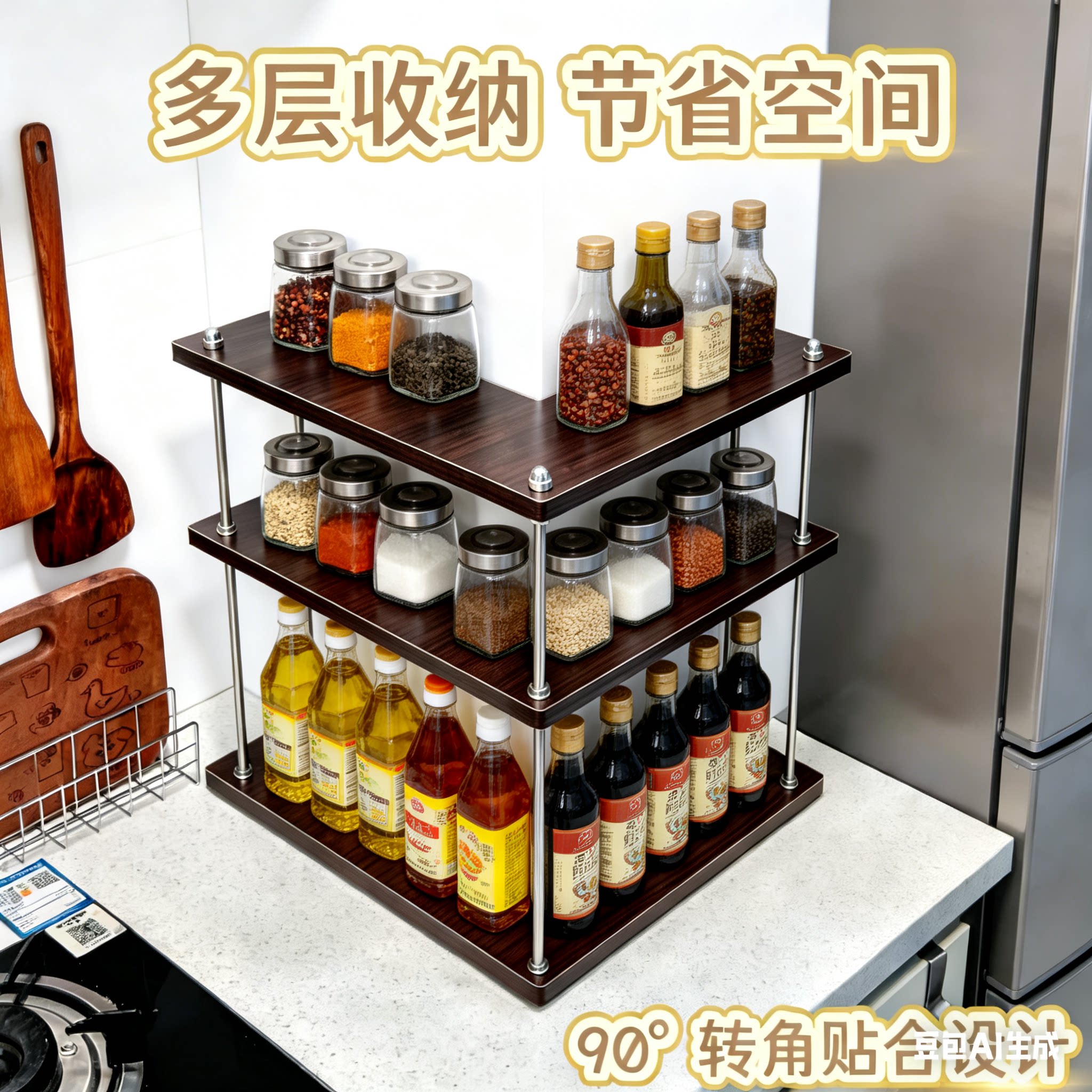可定制新款实木厨房调料置物架台面转角调味品收纳架调味料收纳盒图片