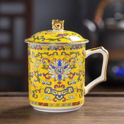 珐琅彩茶杯景德镇陶瓷杯子带盖办公室家用水杯高档个人杯马克杯