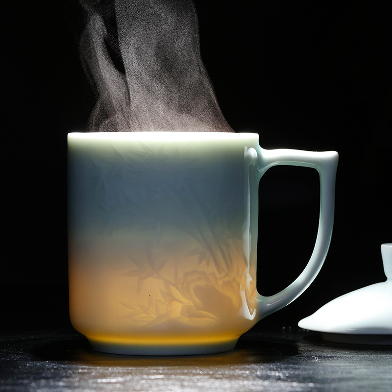玉蝶景德镇茶杯陶瓷带盖水杯家用个人杯办公杯会议杯礼品杯盖杯