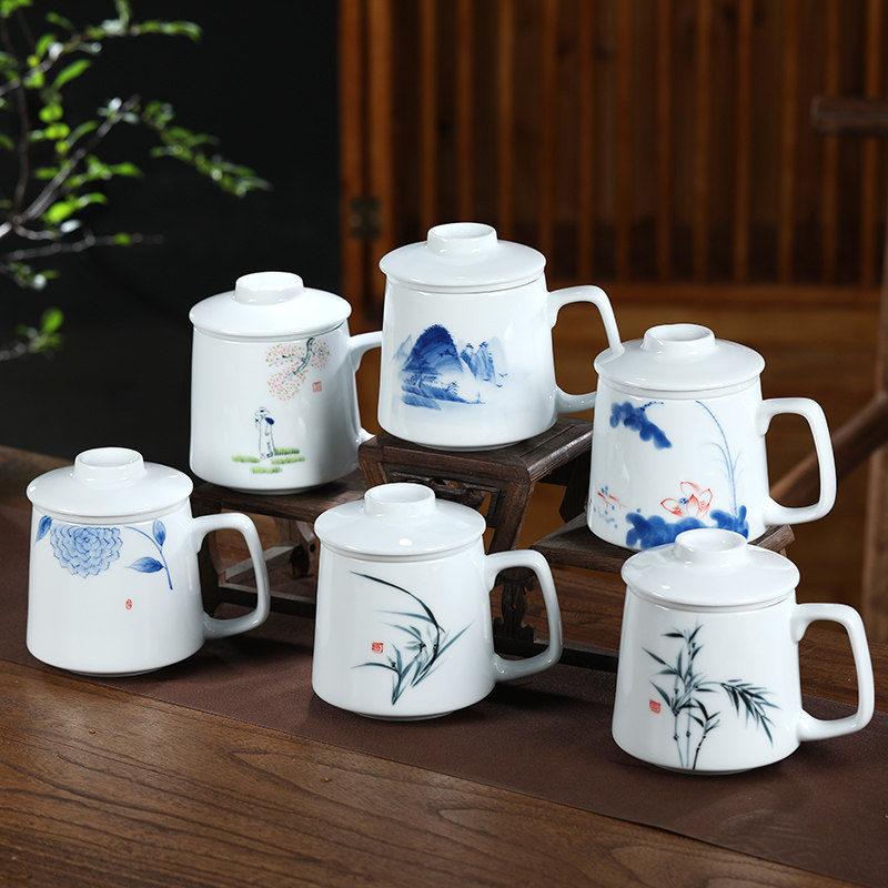 陶瓷过滤茶杯带盖大容量办公室泡茶杯子景德镇青花瓷茶杯茶水分离