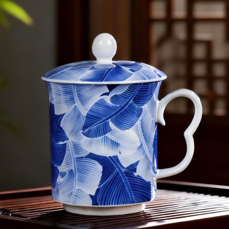景德镇白瓷茶杯2026新款青花高颜值带盖子陶瓷办公杯家用水杯马克