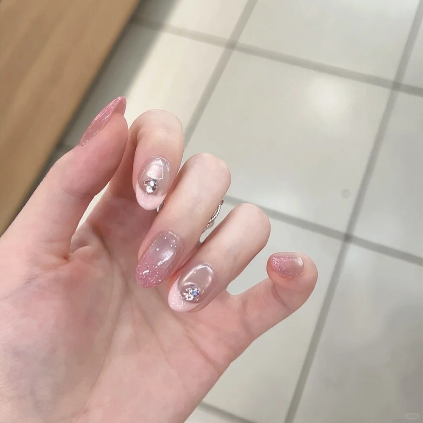 猫眼美甲纯手工穿戴甲短款法式粉