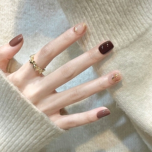 手工美甲穿戴甲高级感甜酷秋冬成品清冷琥珀晕染INS短甲片新年款