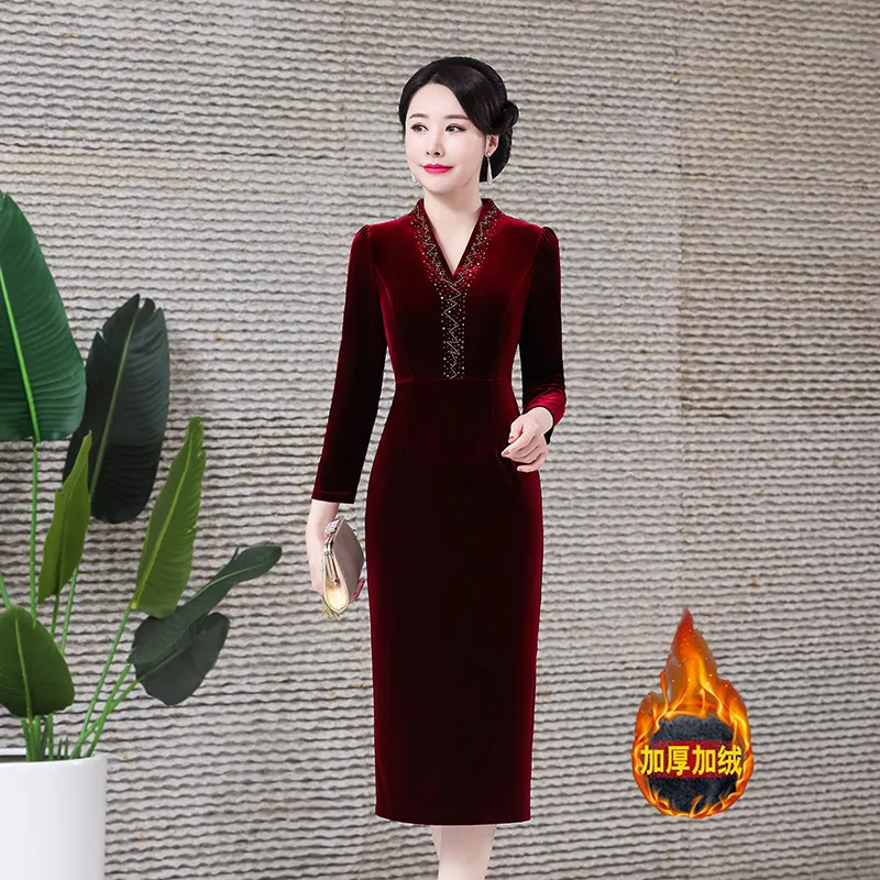 秋冬加绒加厚时尚修身喜妈妈丝绒旗袍连衣裙改良气质修身中长款